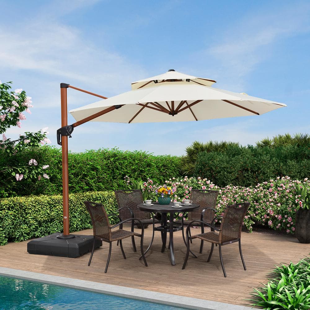 10 ft. Octagon High-Quality Wood Pattern Aluminum Cantilever Polyester Patio Umbrella with Base, Cream