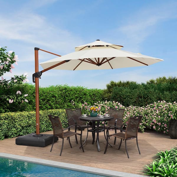 PURPLE LEAF 10 ft. Octagon High-Quality Wood Pattern Aluminum Cantilever Polyester Patio Umbrella with Base, Cream