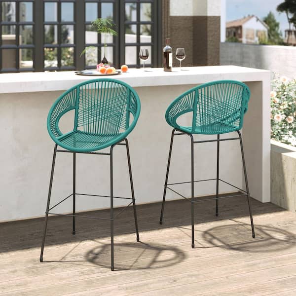 Outdoor Patio Teal Wicker Barstool (Set of 2)