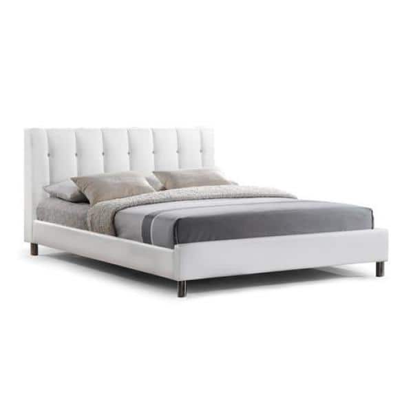 White Queen Faux Leather Upholstered Platform Bed with Tufted Headboard