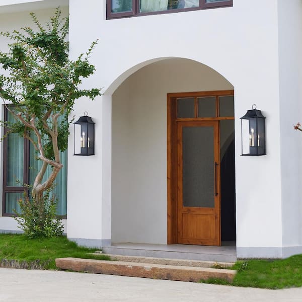 Decorators 25 in. 3-Light Black Traditional Dusk to Dawn Outdoor Hardwired Wall Lantern Sconce (4-Pack)