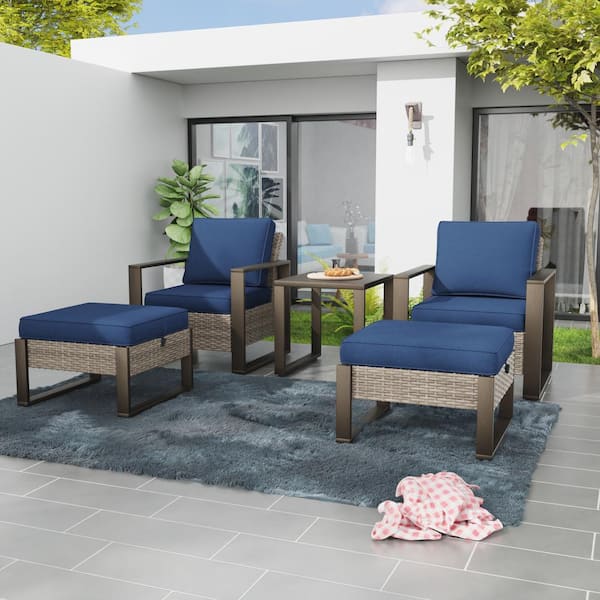 MeetLeisure Brown 5-Piece Wicker Outdoor Patio Conversation Set Rectangular Frame with 4 in. Thick Blue Cushions and Table, Ottomans