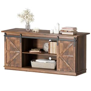 58 in. Rustic Oak Composite TV Stand Living Room Hub Fits TV's up to 65 in. w/ Sliding Barn Door and Adjustable Cabinets