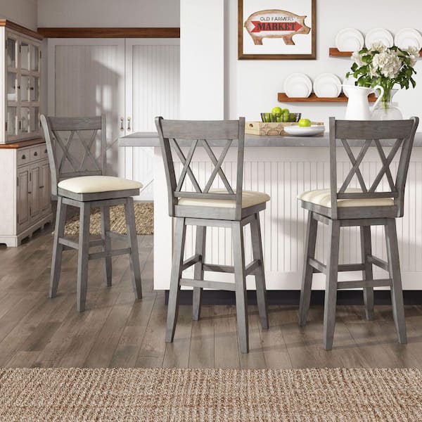 Antique Gray Double X-Back Wood Swivel Bar Stool