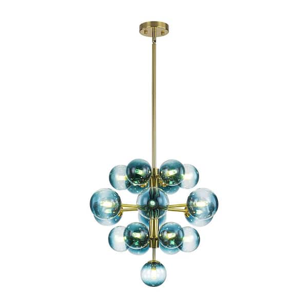 Alex 19-Light Brushed Gold Modern Glam Tiered Cluster Gradient Blue Glass Globe Bubble Chandelier for Dining Room