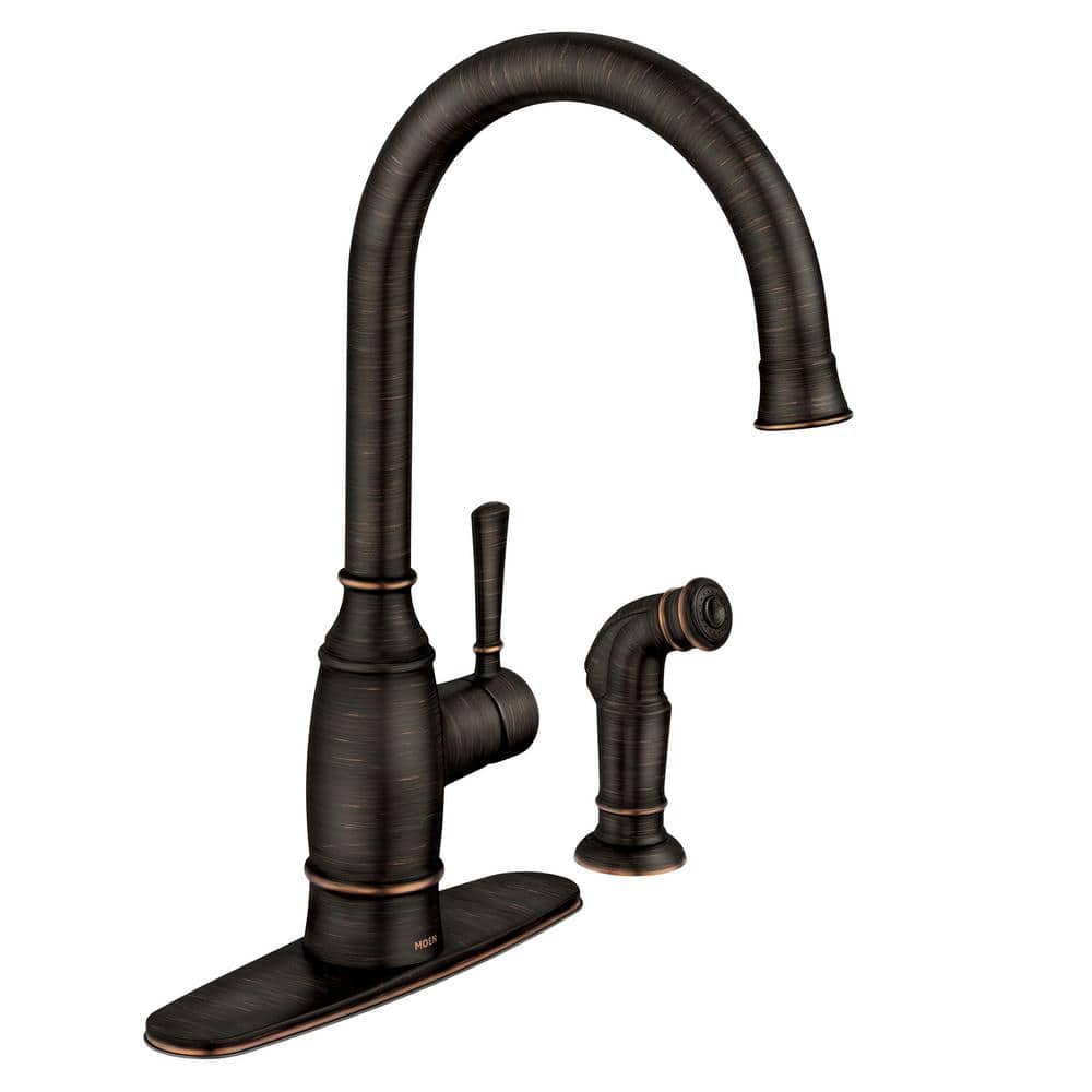 Moen Noell Single Handle Standard Kitchen Faucet With Side Sprayer In Mediterranean Bronze 87506brb The Home Depot