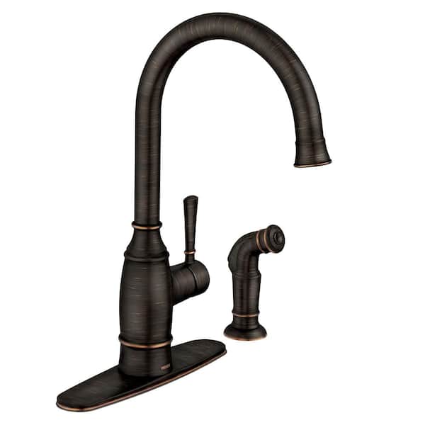 MOEN Noell Single-Handle Standard Kitchen Faucet with Side Sprayer in Mediterranean Bronze