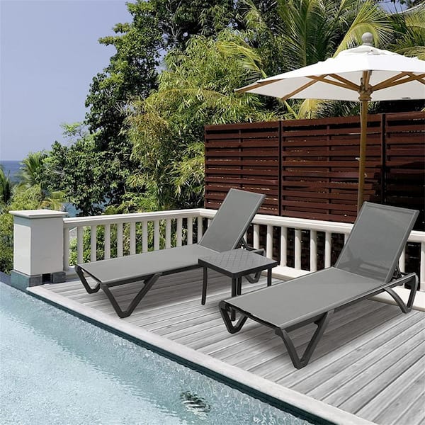 AUTMOON 3-Piece Aluminum Outdoor Patio Chaise Lounge Chair Set with Side Table and Adjustable Reclining Backrest, Gray