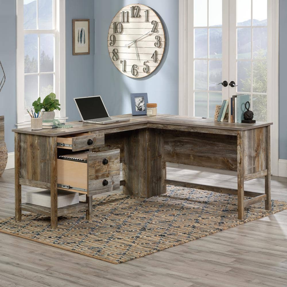 Rustic Cedar L-Shaped Wood Computer Desk with Drawers