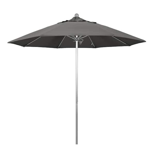 California Umbrella 9 ft. Silver Aluminum Commercial Market Patio Umbrella with Fiberglass Ribs and Push Lift in Charcoal Sunbrella