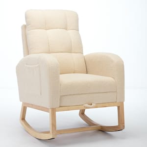 Natural Wood Outdoor Rocking Chair with Beige Cushions Upholstered, Side Pocket for Living Room