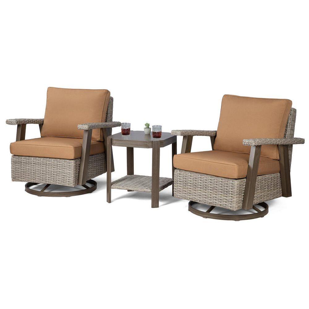 JOYSIDE 3-Piece Wicker Patio Swivel Rocking Chair Conversation Set with Tan Cushions - 1