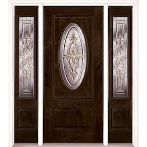 67.5 in.x81.625in.Silverdale Zinc 3/4 Oval Lt Stained Chestnut Mahogany Rt-Hd Fiberglass Prehung Front Door w/Sidelites
