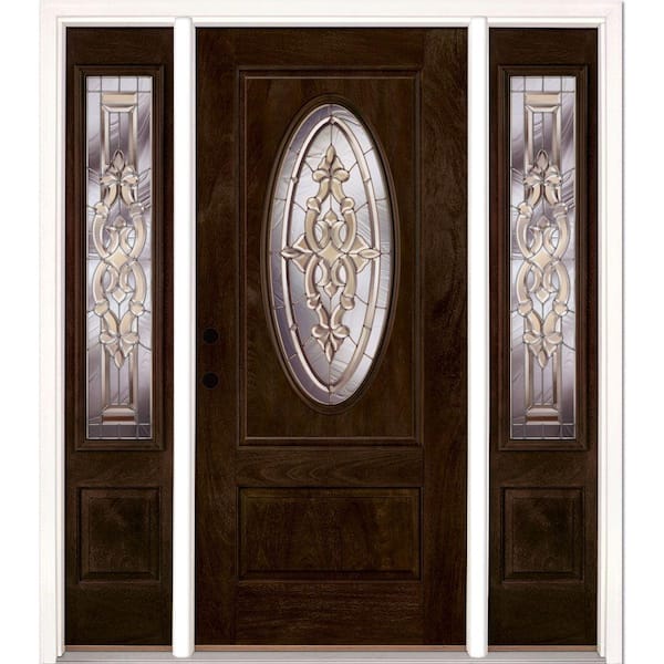 Feather River Doors 67.5 in.x81.625in.Silverdale Zinc 3/4 Oval Lt Stained Chestnut Mahogany Rt-Hd Fiberglass Prehung Front Door w/Sidelites