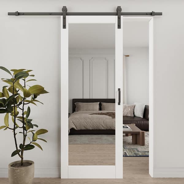 32 in. x 84 in. 1-Lite Mirrored Glass White Primed MDF Wood Sliding Barn Door with Hardware Kit