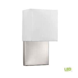 LED Wall Sconces Collection 9 -Watt Brushed Nickel Integrated LED Wall Sconce with White Linen Shade