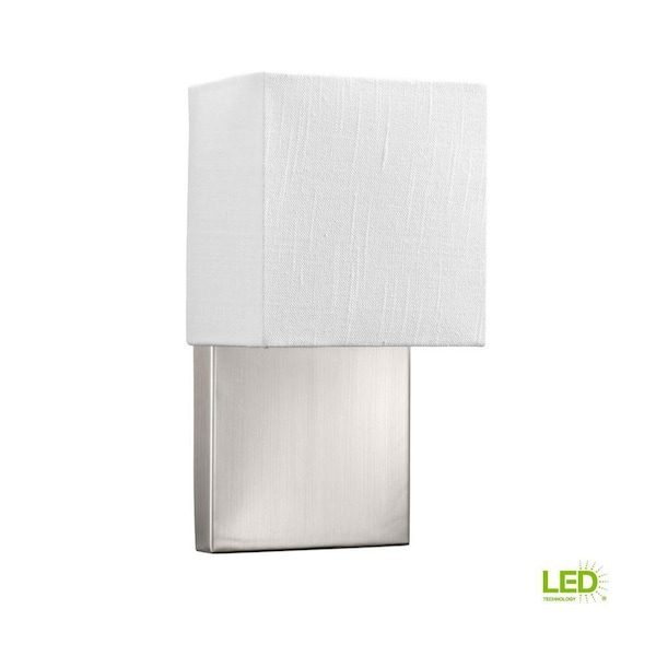 Progress Lighting LED Wall Sconces Collection 9 -Watt Brushed Nickel Integrated LED Wall Sconce with White Linen Shade