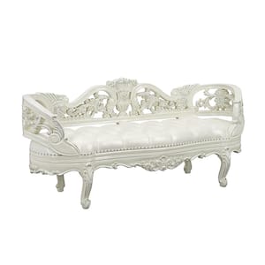 Adara Pearl White Synthetic Leather & Antique White Finish 25 in. Bedroom Bench With Back