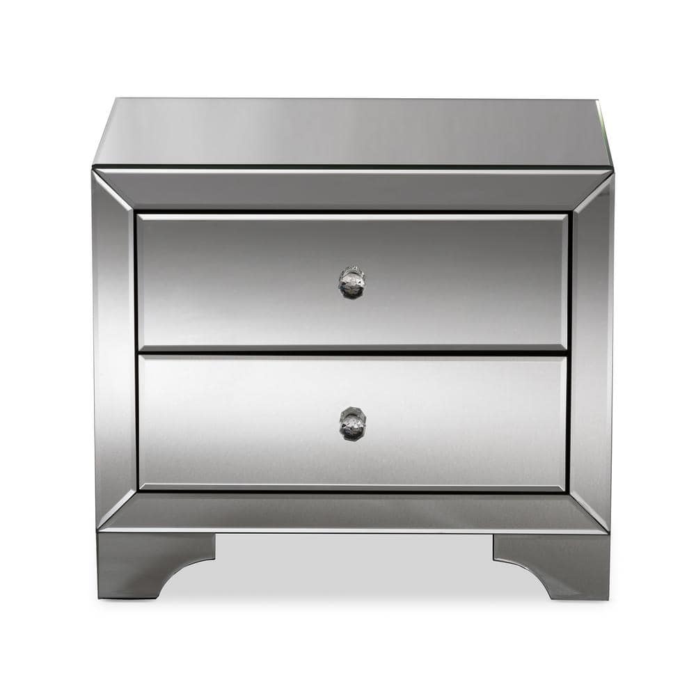 Elegant Silver Mirrored 2-Drawer Nightstand with Crystal Handles