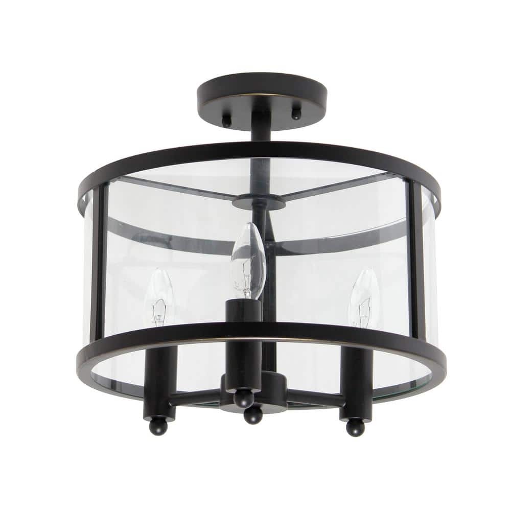 13 in. 3-Light Black Iron and Glass Shade Industrial Ceiling Mounted Round 