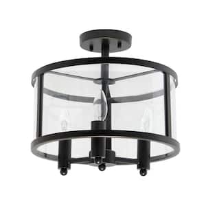 13 in. 3-Light Black Iron and Glass Shade Industrial Ceiling Mounted Round Semi-Flush Mount