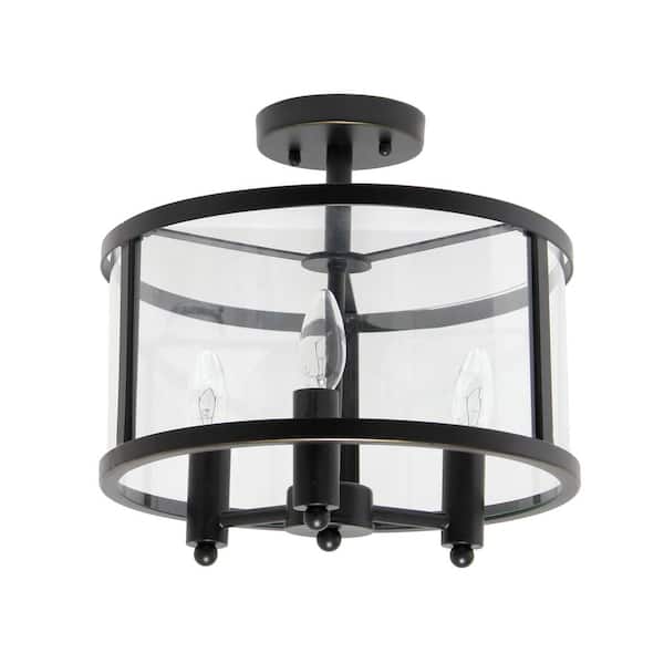 Elegant Designs 13 in. 3-Light Black Iron and Glass Shade Industrial Ceiling Mounted Round Semi-Flush Mount