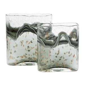 9 in., 8 in. Gray Handmade Blown Glass Decorative Vase with Speckled Wave Design (Set of 2)