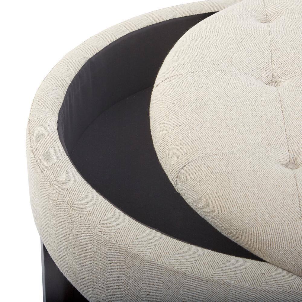 Cream Tufted Round Storage Ottoman with Veneer Shelf