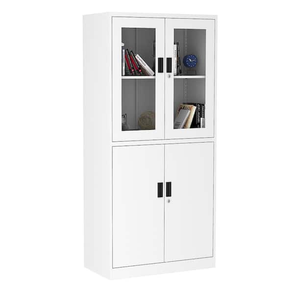 Unbranded 4-Tier Metal Steel Storage Cabinet with Glass Door in White