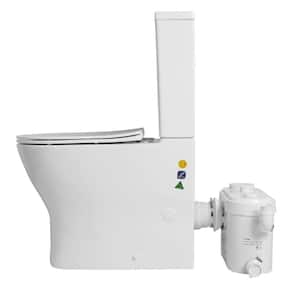 Macerating Toilet System w/750W Toilet Pump 4-Water Inlets, Dual-Flush in Skirted Elongated Bowl White, Dual-Use AC Vent