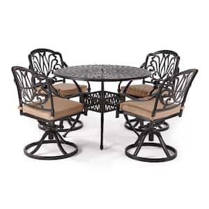 Classic Dark Brown 5-Piece Cast Aluminum Round Outdoor Dining Set with Table and Swivel Dining Chairs Beige Cushion