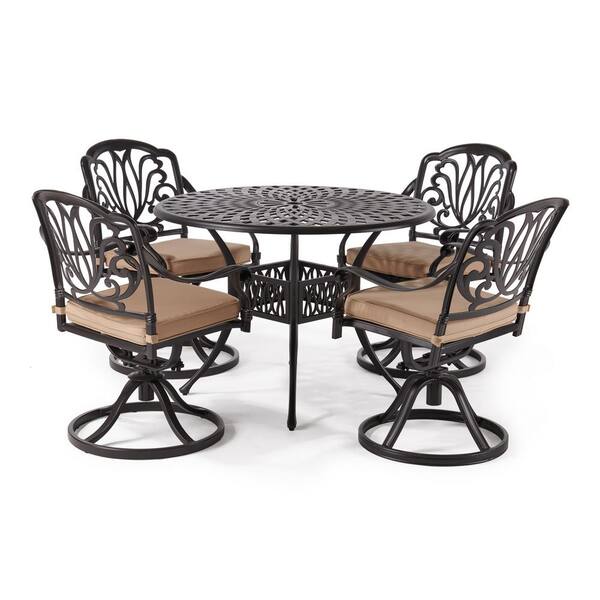 LAUREL CANYON Classic Dark Brown 5-Piece Cast Aluminum Round Outdoor Dining Set with Table and Swivel Dining Chairs Beige Cushion