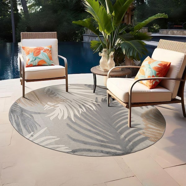 Contemporary Tropical Large Floral Gray 8 ft. ROUND Indoor/Outdoor Area Rug