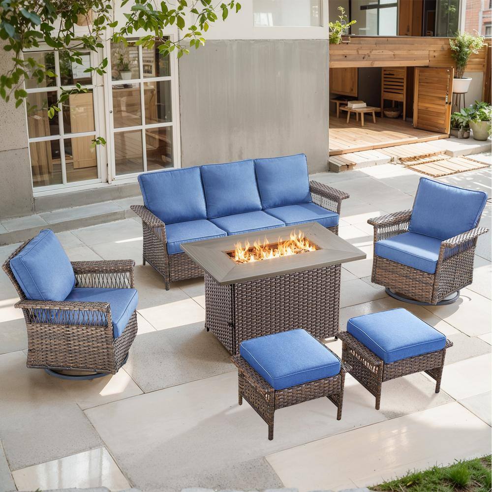 Brown 6-Piece Wicker Outdoor Patio Rectangular Fire Pit Conversation Set with Navy Blue Cushions and Swivel Rockers price history on PriceWatchPro