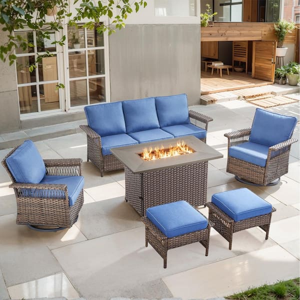 Brown 6-Piece Wicker Outdoor Patio Rectangular Fire Pit Conversation Set with Navy Blue Cushions and Swivel Rockers