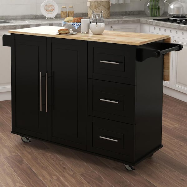 Black MDF Kitchen Cart with 2 Door Cabinet, Spice Rack, Drop Leaf and Towel Rack