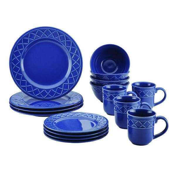 Paula Deen Savannah Trellis 16-Piece Blue Stoneware Dinnerware Set (Service for 4)