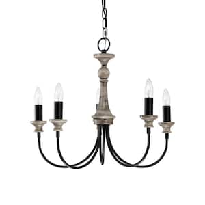 Yura 22 in. 5-Light Indoor Matte Black and Faux Wood Grain Finish Chandelier with Light Kit