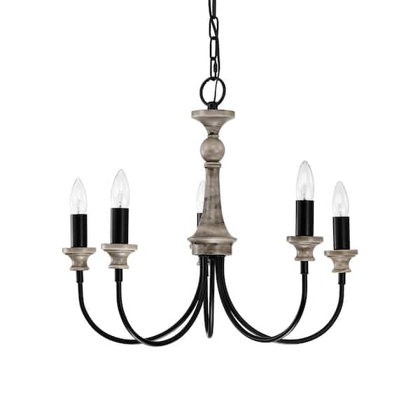 Warehouse of Tiffany Yura 22 in. 5-Light Indoor Matte Black and Faux Wood Grain Finish Chandelier with Light Kit