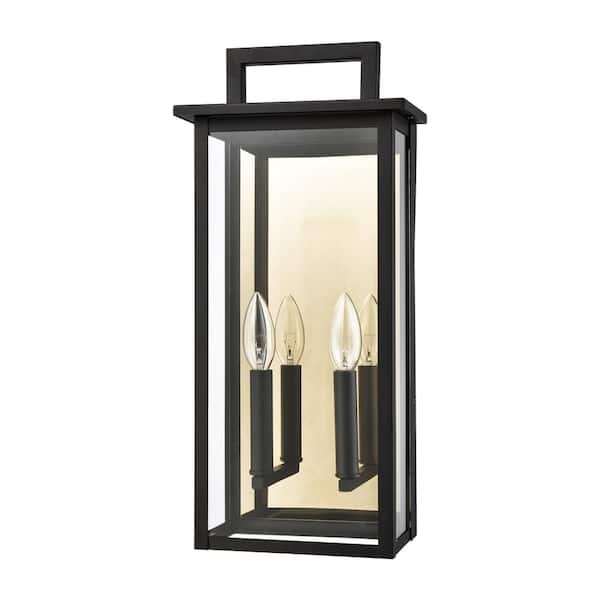 C Cattleya 18.75 in Matte Black Outdoor Hardwired Wall Lantern Sconce with Gold Reflector and Clear Glass Shade, No Bulbs Included