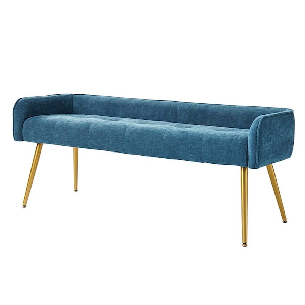 JAYDEN CREATION Ramiro 55.25 in. Wide Blue Modern Upholstered Low Back Bench with Sturdy Golden Metal Tapered Leg
