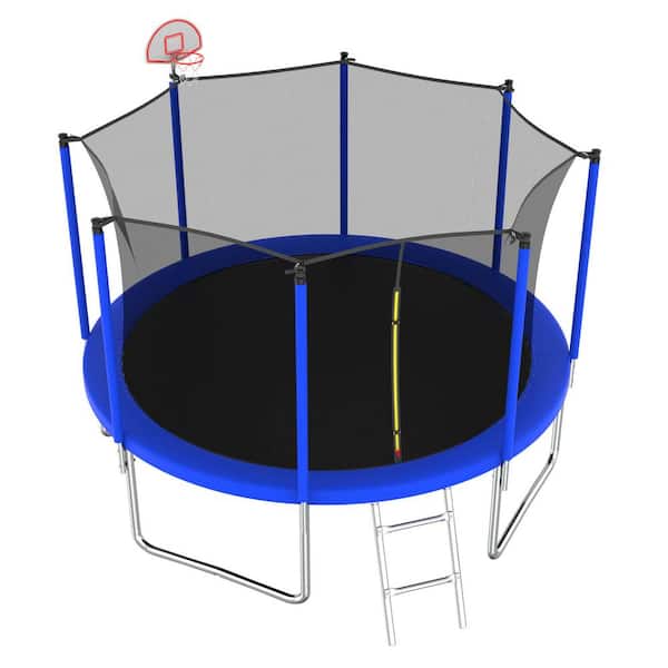 Unbranded 12 ft. Outdoor Round Blue Trampoline with Basketball Hoop