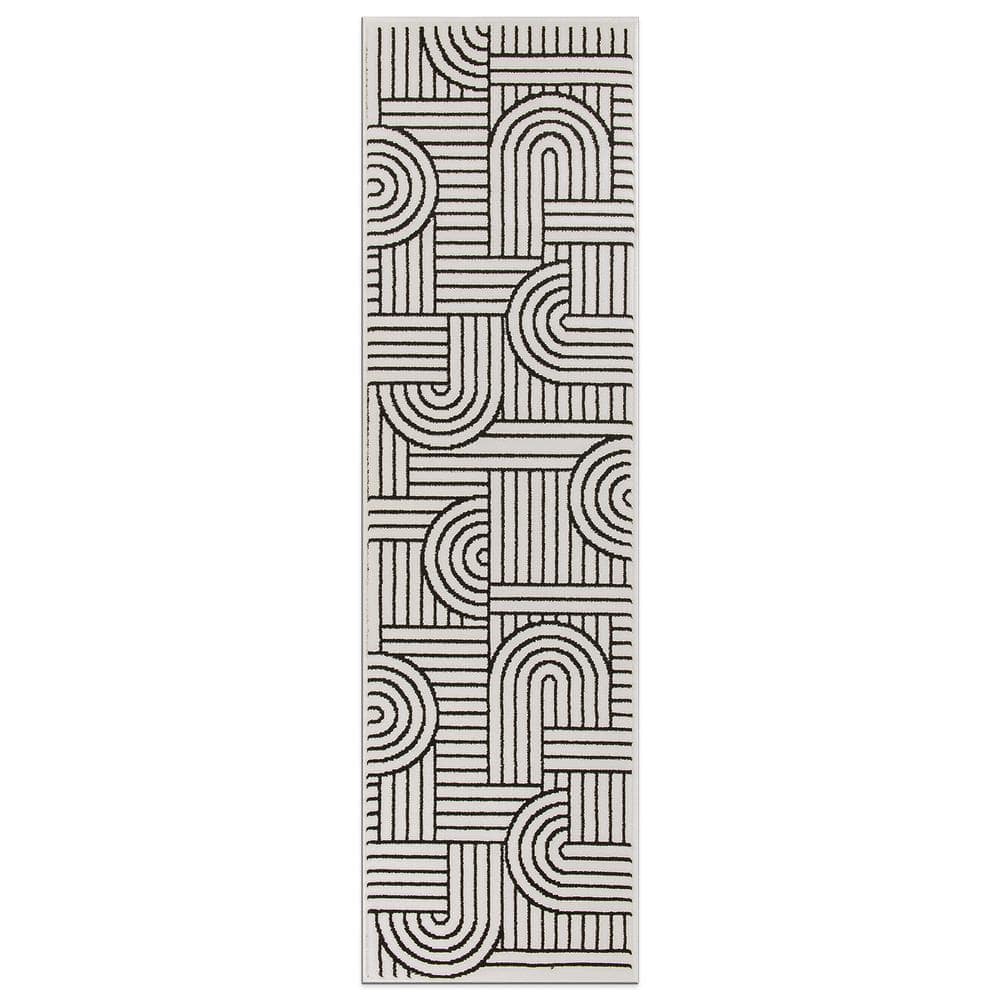 Cream and Black Abstract Synthetic Runner Rug, 2'x7'