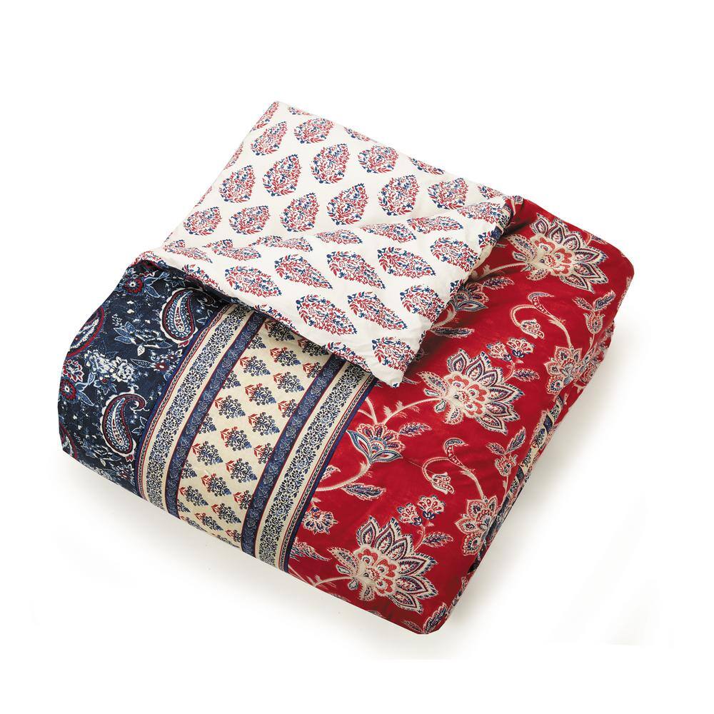 Marbella Red and Blue Cotton 5-Piece Reversible Comforter Set