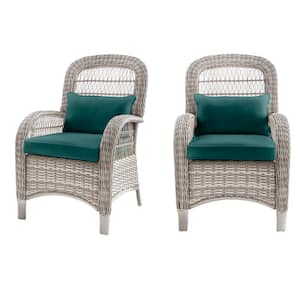 Beacon Park Gray Wicker Outdoor Patio Captain Dining Chair with CushionGuard Malachite Green Cushions (2-Pack)