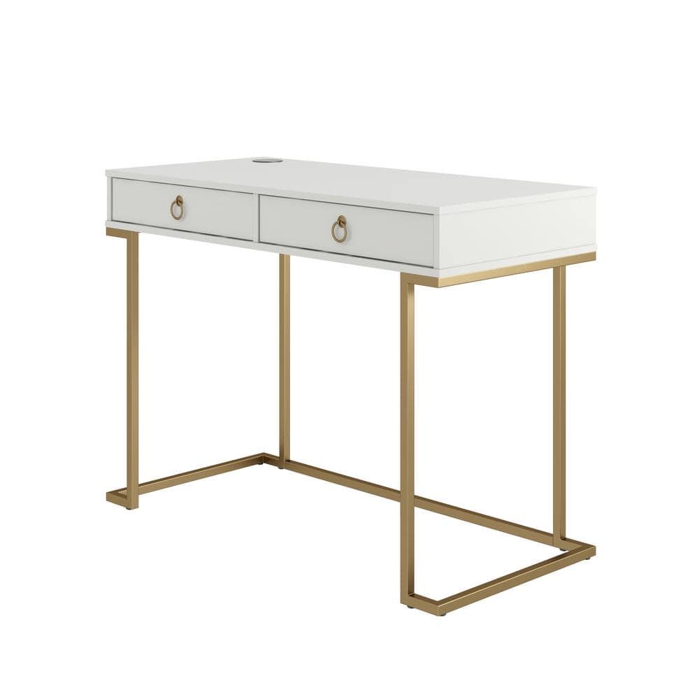 Camila White 44" Modern Writing Desk with Gold Accents & Wireless Charging