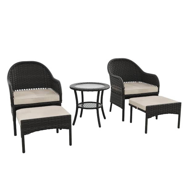 Unbranded 5-Piece PE Wicker Outdoor Patio Conversation Set with Beige Cushions, Ottomans and Side Table