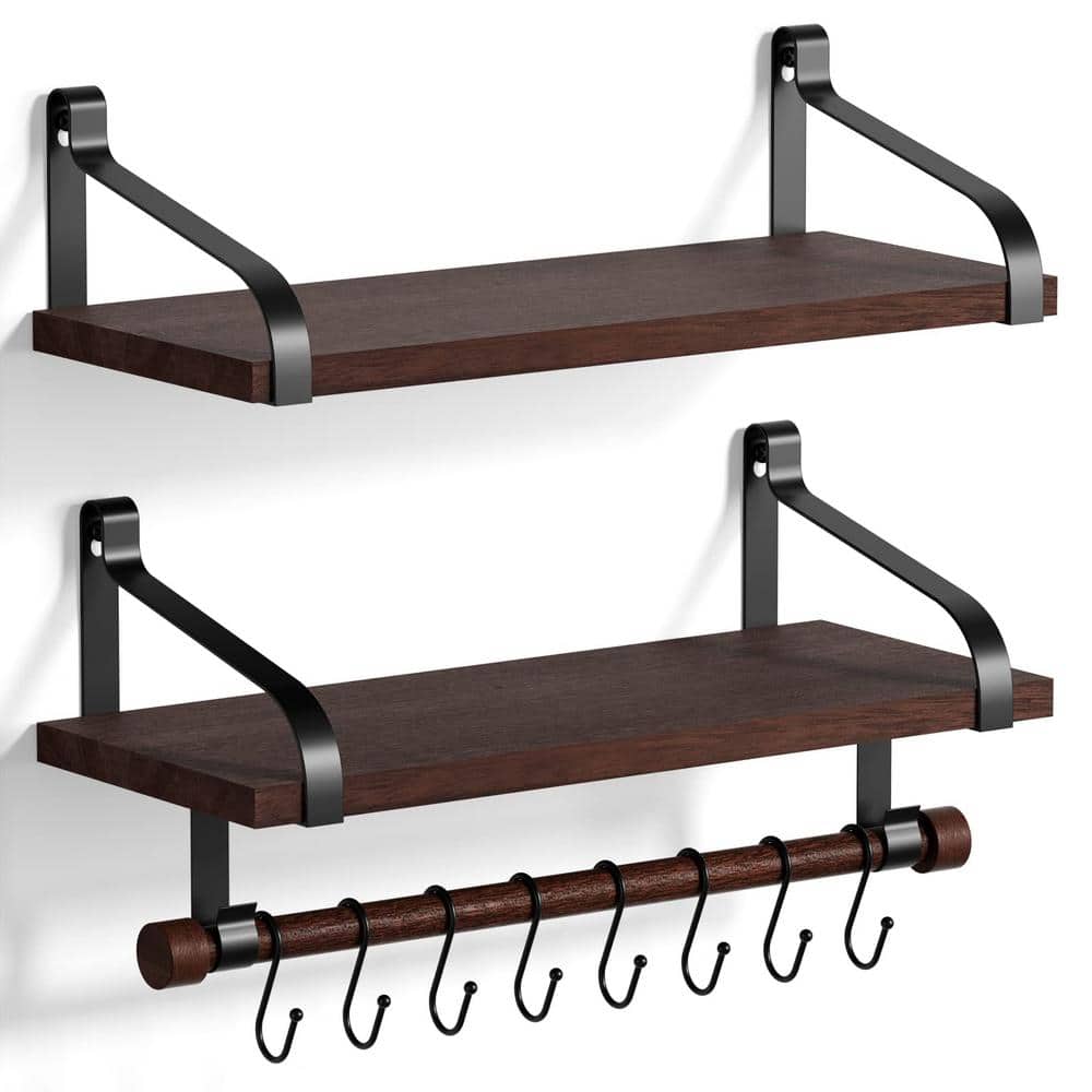 15.9 in. W x 7.3 in. D Dark Walnut Floating Shelves (Set of 2) with Wood Ba