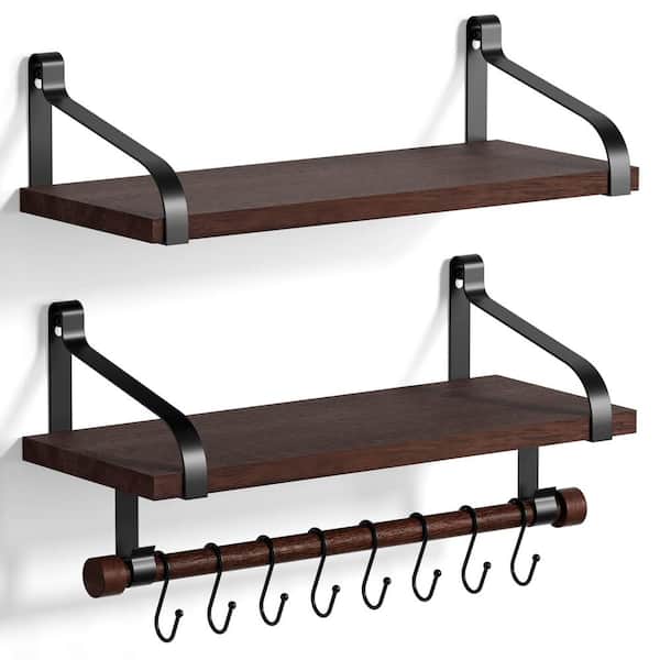 Unbranded 15.9 in. W x 7.3 in. D Dark Walnut Floating Shelves (Set of 2) with Wood Bar, Decorative Wall Shelf