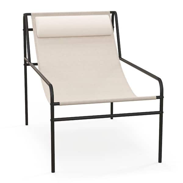 ANGELES HOME Metal Outdoor Chaise Sling Lounge Chair with Removable Headrest Pillow and Metal Frame